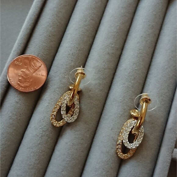 SWAROVSKI Gold Tone Crystals Double Oval Dangle pierced Earrings - Picture 4 of 8